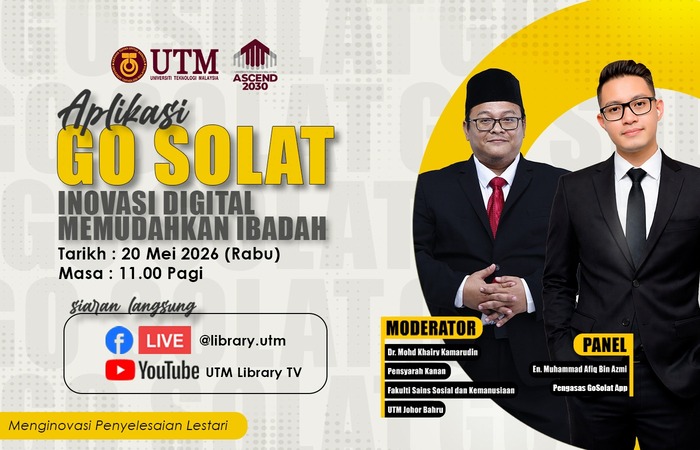 UTM Library poster for the Go Solat knowledge-sharing session on 20 May 2026